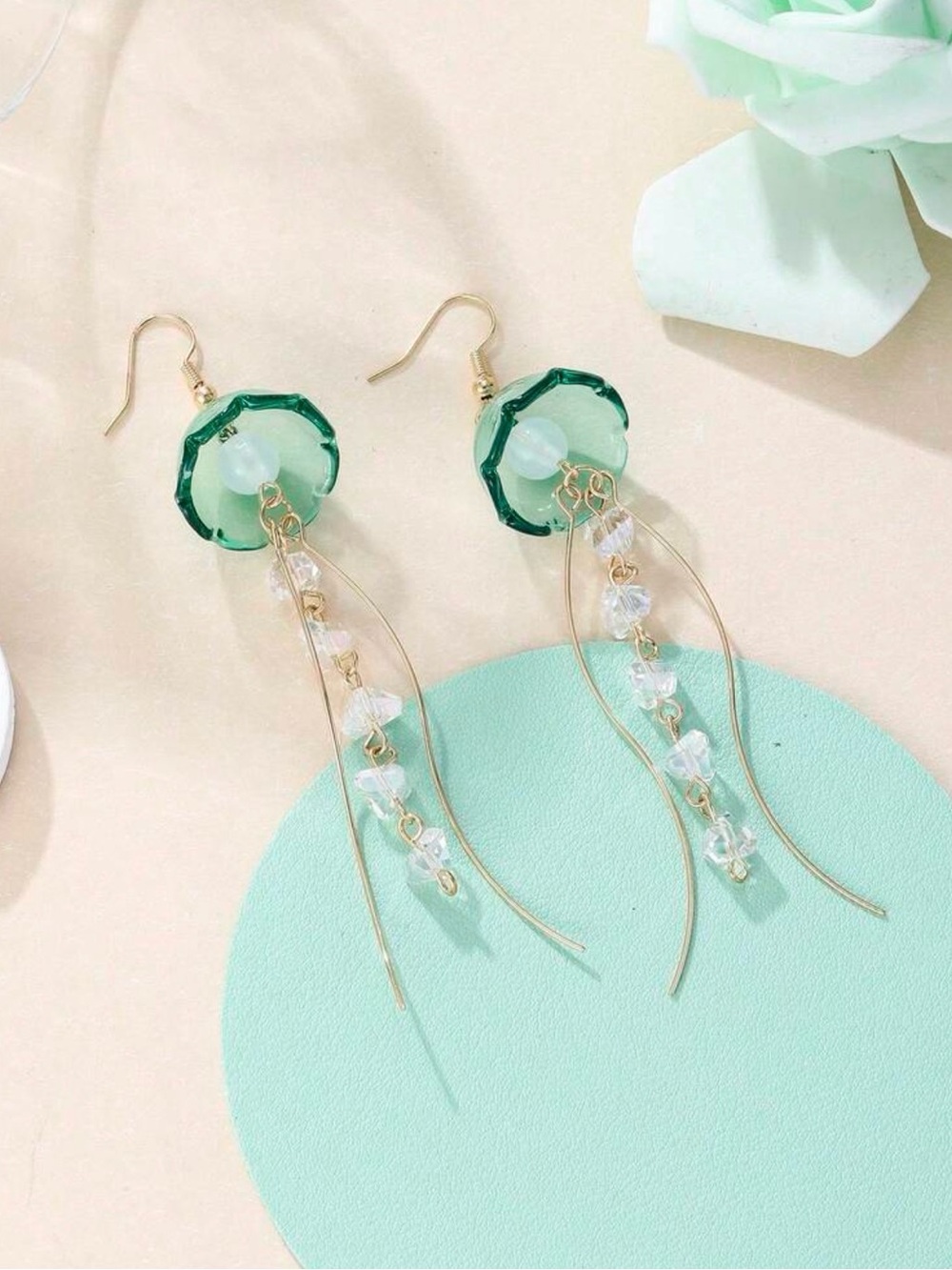 Sea Glass Blue Jellyfish Dangle Earrings with Gold Accents - Picture 4 of 6